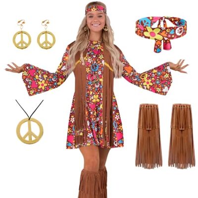Spooktacular Creations Ensemble de costumes hippie pour femme, bandeau, boucles d'oreilles, robe, gilet, chaussettes, bottes, vêtements hippie des années 70 pour Halloween, cosplay – M Spooktacular Creations Ensemble de costumes hippie pour femme, bandeau, boucles d'oreilles, robe, gilet, chaussettes, bottes, vêtements hippie des années 70 pour Halloween, cosplay – M