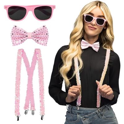 Boland Lot de 3 accessoires de fête, lunettes, nœud papillon et bretelles, paillettes brillantes, accessoires de costume, carnaval, Nouvel An, fête à thème Boland Lot de 3 accessoires de fête, lunettes, nœud papillon et bretelles, paillettes brillantes, accessoires de costume, carnaval, Nouvel An, fête à thème