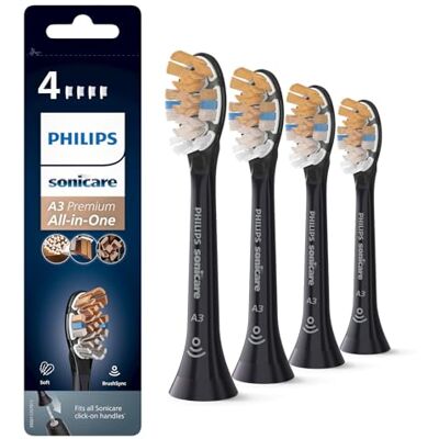 Philips Sonicare A3 Premium tout-en-un d'origine, tête de brosse à dents électrique de rechange lot de 4 têtes de brosse de rechange Sonicare, noir (modèle HX9094/11) Philips Sonicare A3 Premium tout-en-un d'origine, tête de brosse à dents électrique de rechange lot de 4 têtes de brosse de rechange Sonicare, noir (modèle HX9094/11)