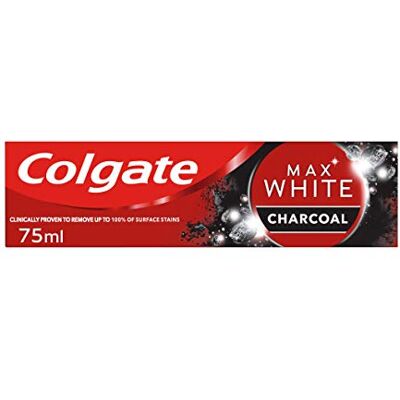 Colgate Max White Dentifrice au charbon de bois 75 ml, dentifrice blanchissant des dents, formule cliniquement prouvée, élimine jusquà 100% des taches de surface avec du charbon actif et des Colgate Max White Dentifrice au charbon de bois 75 ml, dentifrice blanchissant des dents, formule cliniquement prouvée, élimine jusquà 100% des taches de surface avec du charbon actif et des
