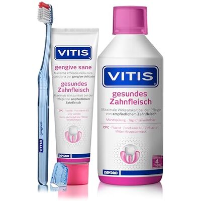 Vitis Kit de soins dentaires sains Dentifrice et rince-bouche + brosse à dents gingivale Pour soins buccaux quotidiens Vitis Kit de soins dentaires sains Dentifrice et rince-bouche + brosse à dents gingivale Pour soins buccaux quotidiens