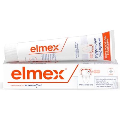 ELMEX Dentifrice sans menthol, 75 ml – Dentifrice pour la protection contre les caries, sans menthol ni huiles essentielles, avec goût fruité aromatisé ELMEX Dentifrice sans menthol, 75 ml – Dentifrice pour la protection contre les caries, sans menthol ni huiles essentielles, avec goût fruité aromatisé