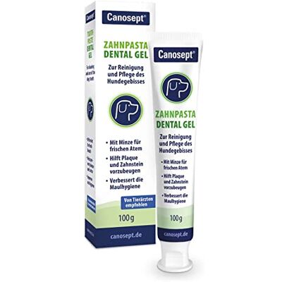 Dentifrice pour chiens Canosept - Gel dentaire - Supporte la suppression de la plaque - Préviens tartre, caries, mauvaise haleine - Dès 4 mois Dentifrice pour chiens Canosept - Gel dentaire - Supporte la suppression de la plaque - Préviens tartre, caries, mauvaise haleine - Dès 4 mois