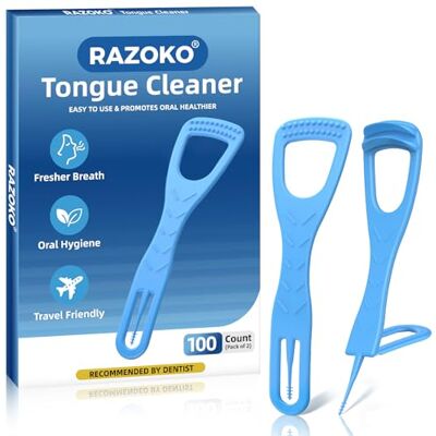 RAZOKO Lot de 100 gratte-langue jetables sans BPA avec cure-dents pliables et sûrs Grattoir hygiénique pour nettoyer la langue et favoriser une haleine fraîche RAZOKO Lot de 100 gratte-langue jetables sans BPA avec cure-dents pliables et sûrs Grattoir hygiénique pour nettoyer la langue et favoriser une haleine fraîche