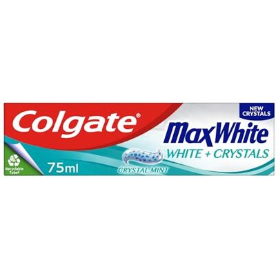 Colgate Max White White + Crystals Dentifrice 75 ml – Dentifrice blanchissant – Restaure la blancheur naturelle – Refroidissement 10 fois plus durable que le dentifrice au fluorure ordinaire – combat Colgate Max White White + Crystals Dentifrice 75 ml – Dentifrice blanchissant – Restaure la blancheur naturelle – Refroidissement 10 fois plus durable que le dentifrice au fluorure ordinaire – combat