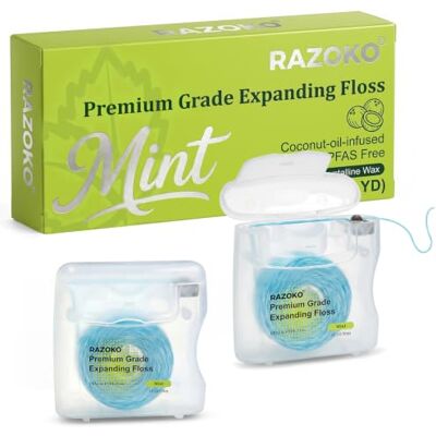 RAZOKO Fil dentaire à l'huile de coco, microfibre expansive, menthe, végétalien, sans cruauté envers les animaux RAZOKO Fil dentaire à l'huile de coco, microfibre expansive, menthe, végétalien, sans cruauté envers les animaux