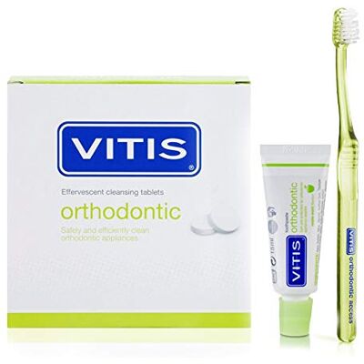 Vitis Lot de 32 pastilles nettoyantes orthodontiques + dentifrice orthodontique 15 ml + brosse à dents orthodontique Vitis Lot de 32 pastilles nettoyantes orthodontiques + dentifrice orthodontique 15 ml + brosse à dents orthodontique