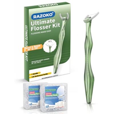 RAZOKO Kit de fil dentaire, résistant à la déchirure, insère et rotation de 90 ° à 135 ° pour les zones difficiles d'accès, sans PTFE et PFAS, 1 poignée + 120 têtes de recharge, vert RAZOKO Kit de fil dentaire, résistant à la déchirure, insère et rotation de 90 ° à 135 ° pour les zones difficiles d'accès, sans PTFE et PFAS, 1 poignée + 120 têtes de recharge, vert