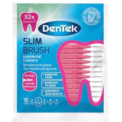 DenTek Lot de 32 nettoyants interdentaires Slim Brush Poils effilés Non aromatisé ISO 1 (0,45 mm) DenTek Lot de 32 nettoyants interdentaires Slim Brush Poils effilés Non aromatisé ISO 1 (0,45 mm)