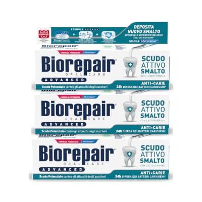 Biorepair , Dentifrice Advanced, bouclier actif anti-caries, 3 paquets de 75 ml, anticarie et antibactérienne, combat plaque et carie, protège l'émail de l'agression bactérienne Biorepair , Dentifrice Advanced, bouclier actif anti-caries, 3 paquets de 75 ml, anticarie et antibactérienne, combat plaque et carie, protège l'émail de l'agression bactérienne