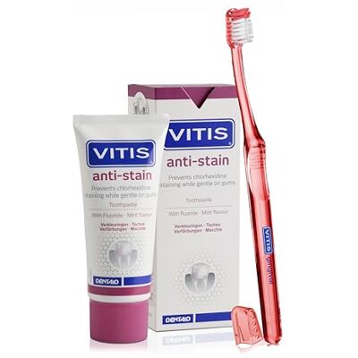 Vitis Anti-Stain Kit de soins dentaires – Dentifrice anti-taches + brosse à dents gingivale – Soin bucco-dentaire quotidien Vitis Anti-Stain Kit de soins dentaires – Dentifrice anti-taches + brosse à dents gingivale – Soin bucco-dentaire quotidien