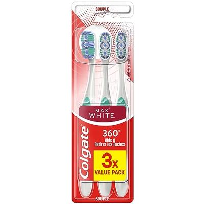 Colgate Brosse à dents 360 Max White brosse à dents blancheur lamelles blanchissantes pour éliminer taches de surface lamelle polissante pour éliminer plaque dentaire Lot de 3 Colgate Brosse à dents 360 Max White brosse à dents blancheur lamelles blanchissantes pour éliminer taches de surface lamelle polissante pour éliminer plaque dentaire Lot de 3