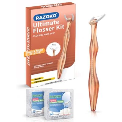 RAZOKO Kit de fil dentaire, résistant à la déchirure, insérer et tourner de 90 ° à 135 ° pour les zones difficiles d'accès, sans PTFE et PFAS, 1 poignée + 120 têtes de recharge, orange RAZOKO Kit de fil dentaire, résistant à la déchirure, insérer et tourner de 90 ° à 135 ° pour les zones difficiles d'accès, sans PTFE et PFAS, 1 poignée + 120 têtes de recharge, orange