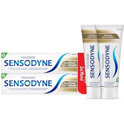 Sensodyne Dentifrice Multicare, Contient du Fluorure Pour Proteger les Dents Sensibles et Blanches, Aide à Soulager La Sensibilité Dentaire, Lot de 2x75 ml Sensodyne Dentifrice Multicare, Contient du Fluorure Pour Proteger les Dents Sensibles et Blanches, Aide à Soulager La Sensibilité Dentaire, Lot de 2x75 ml