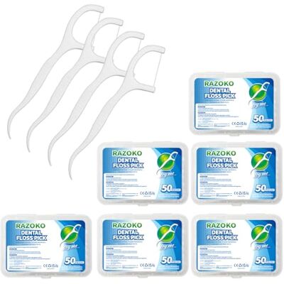 RAZOKO Lot de 50 bâtonnets de soie dentaire jetables avec étui de voyage portable et cure-dents, parfaits pour les familles, les hôtels et les voyages RAZOKO Lot de 50 bâtonnets de soie dentaire jetables avec étui de voyage portable et cure-dents, parfaits pour les familles, les hôtels et les voyages