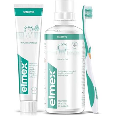 ELMEX Kit Sensitive Dents Sensibles 3 en 1, dentifrice, brosse à dents et bain de bouche, protection 24h pour dents sensibles ELMEX Kit Sensitive Dents Sensibles 3 en 1, dentifrice, brosse à dents et bain de bouche, protection 24h pour dents sensibles