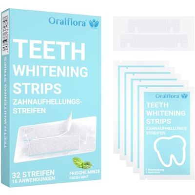 Oralflora Lot de 32 bandes de blanchiment des dents – Bandes blanchissantes pour des dents visiblement plus blanches en 7 jours, blanchiment des dents pour la maison, agréable goût de menthe, 16 utilisations Oralflora Lot de 32 bandes de blanchiment des dents – Bandes blanchissantes pour des dents visiblement plus blanches en 7 jours, blanchiment des dents pour la maison, agréable goût de menthe, 16 utilisations