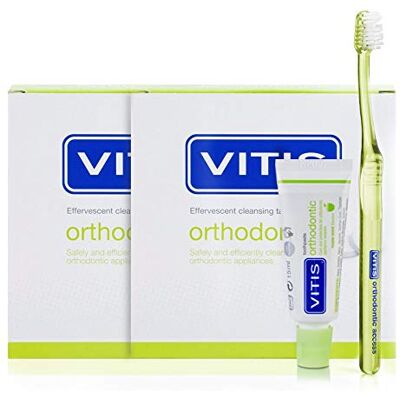 Vitis Lot de 2 pastilles de nettoyage orthodontique avec retenue effervescente et dentifrice orthodontique de 15 ml + brosse à dents orthodontique Vitis Lot de 2 pastilles de nettoyage orthodontique avec retenue effervescente et dentifrice orthodontique de 15 ml + brosse à dents orthodontique
