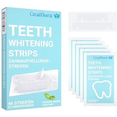 Oralflora Lot de 46 bandes blanchissantes pour des dents visiblement plus blanches en 7 jours, blanchiment des dents pour la maison, agréable goût de menthe, 23 utilisations simples Oralflora Lot de 46 bandes blanchissantes pour des dents visiblement plus blanches en 7 jours, blanchiment des dents pour la maison, agréable goût de menthe, 23 utilisations simples