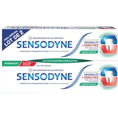 Sensodyne Dentifrice Sensibilité & Gencives, Menthe Fraîche, Lot 2 x 75 ml Traitement Des Dents Sensibles et Gencives Lot Familial Usage quotidien Sensodyne Dentifrice Sensibilité & Gencives, Menthe Fraîche, Lot 2 x 75 ml Traitement Des Dents Sensibles et Gencives Lot Familial Usage quotidien