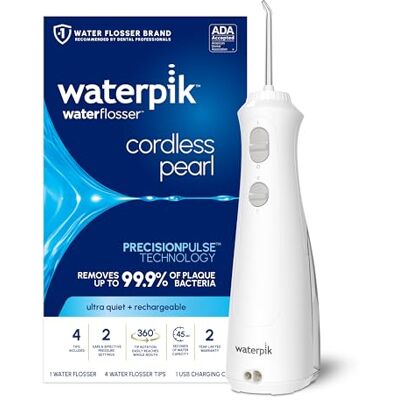 Waterpik Hydropulseur portable rechargeable sans fil Pearl pour les dents, les gencives, les soins des appareils dentaires et les voyages avec 4 embouts de fil dentaire, accepté ADA, WF-13 Blanc Waterpik Hydropulseur portable rechargeable sans fil Pearl pour les dents, les gencives, les soins des appareils dentaires et les voyages avec 4 embouts de fil dentaire, accepté ADA, WF-13 Blanc