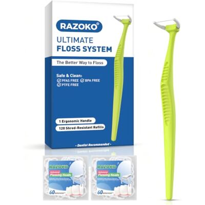 RAZOKO Kit de fil dentaire réutilisable, 1 long manche vert et 120 têtes de Fil dentaire haute résistance à la déchirure, sans PTFE ni PFAS, poignée ergonomique antidérapante, système de fixation RAZOKO Kit de fil dentaire réutilisable, 1 long manche vert et 120 têtes de Fil dentaire haute résistance à la déchirure, sans PTFE ni PFAS, poignée ergonomique antidérapante, système de fixation