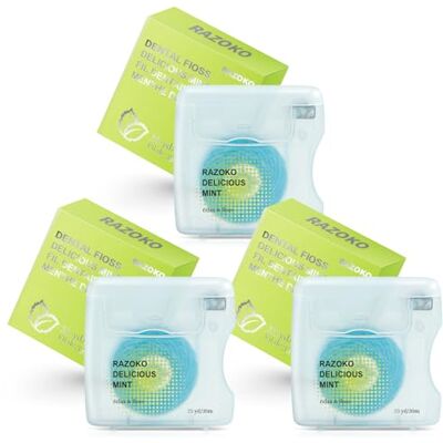 RAZOKO Fil Dentaire Tissé à la Huile de Coco pour Appareil Dentaire & Gencives Sensibles Goût Menthe, Expansion pour Nettoyage Profond, Vegan, 6 Mois (3 x 30 Mètres) RAZOKO Fil Dentaire Tissé à la Huile de Coco pour Appareil Dentaire & Gencives Sensibles Goût Menthe, Expansion pour Nettoyage Profond, Vegan, 6 Mois (3 x 30 Mètres)