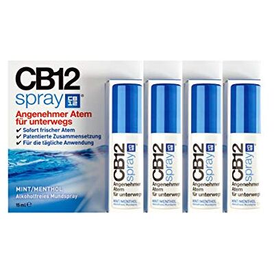 CB12 Spray buccal instantané – Solution rafraîchissante pour soins bucco-dentaires, 15 ml (lot de 4) CB12 Spray buccal instantané – Solution rafraîchissante pour soins bucco-dentaires, 15 ml (lot de 4)