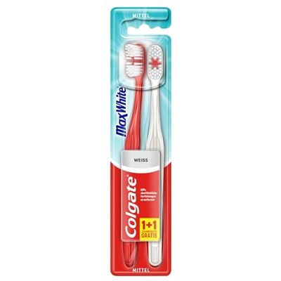 Colgate Max White Lot de 2 brosses à dents manuelles pour des dents naturellement blanches, avec poils moyennement durs Colgate Max White Lot de 2 brosses à dents manuelles pour des dents naturellement blanches, avec poils moyennement durs