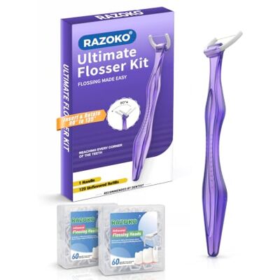 RAZOKO Kit de fil dentaire, résistant aux coupes, insert et rotation de 90° à 135° pour les zones difficiles d'accès, sans PTFE et PFAS, 1 poignée + 120 têtes de charge, violet RAZOKO Kit de fil dentaire, résistant aux coupes, insert et rotation de 90° à 135° pour les zones difficiles d'accès, sans PTFE et PFAS, 1 poignée + 120 têtes de charge, violet