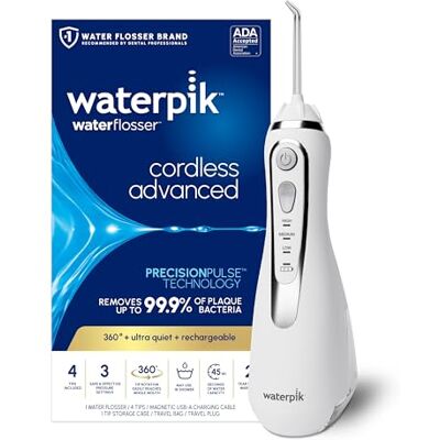 Waterpik Advanced Hydropulseur Dentaire Sans Fil, Jet Dentaire Portable Rechargeable avec Câble USB, Élimine la Plaque, 3 Niveaux de Pression, Blanc (WP-580EU) Waterpik Advanced Hydropulseur Dentaire Sans Fil, Jet Dentaire Portable Rechargeable avec Câble USB, Élimine la Plaque, 3 Niveaux de Pression, Blanc (WP-580EU)