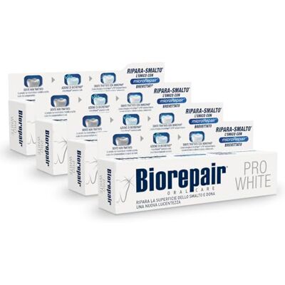 Biorepair , Pro White Lot de 4 boîtes de 60 ml de dentifrice blanchissant avec technologie du polymère blanchissant PVP, répare l'émail et la dentine pour des dents blanches et brillantes, sans fluor Biorepair , Pro White Lot de 4 boîtes de 60 ml de dentifrice blanchissant avec technologie du polymère blanchissant PVP, répare l'émail et la dentine pour des dents blanches et brillantes, sans fluor