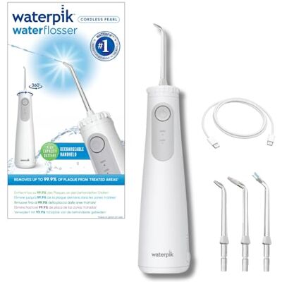 Waterpik Pearl Hydropulseur dentaire sans fil, élimine 99,9% des plaques, batterie puissante (9 semaines d'utilisation), 2 fois plus efficace que le fil dentaire, étanche, blanc Waterpik Pearl Hydropulseur dentaire sans fil, élimine 99,9% des plaques, batterie puissante (9 semaines d'utilisation), 2 fois plus efficace que le fil dentaire, étanche, blanc