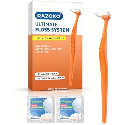 RAZOKO Kit de fil dentaire réutilisable extra résistant à la déchirure pour zones difficiles d'accès, sans PTFE et PFAS, 1 poignée + 120 têtes de rechange, orange RAZOKO Kit de fil dentaire réutilisable extra résistant à la déchirure pour zones difficiles d'accès, sans PTFE et PFAS, 1 poignée + 120 têtes de rechange, orange