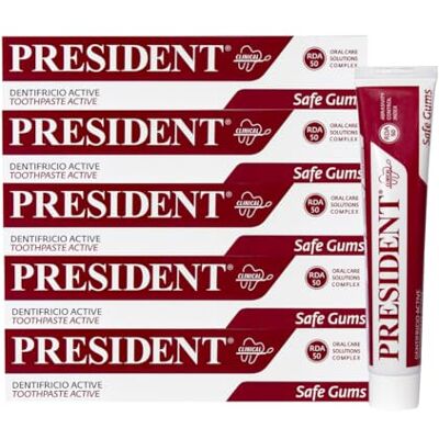President KIT 5 DENTIFRICE ACTIVE D'activité gingivale. Pour gencives irritées, enflammées et parodontites Action désinfectante astringente RDA 50 5 x 75 ml President KIT 5 DENTIFRICE ACTIVE D'activité gingivale. Pour gencives irritées, enflammées et parodontites Action désinfectante astringente RDA 50 5 x 75 ml