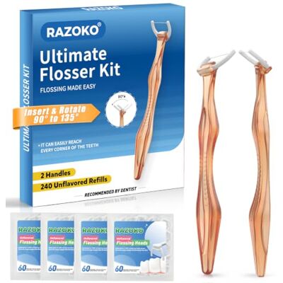 RAZOKO Kit de fil dentaire, résistant à la déchirure, insérer et tourner de 90 ° à 135 ° pour les zones difficiles d'accès, sans PTFE et PFAS, 2 poignées + 240 têtes de recharge, orange RAZOKO Kit de fil dentaire, résistant à la déchirure, insérer et tourner de 90 ° à 135 ° pour les zones difficiles d'accès, sans PTFE et PFAS, 2 poignées + 240 têtes de recharge, orange