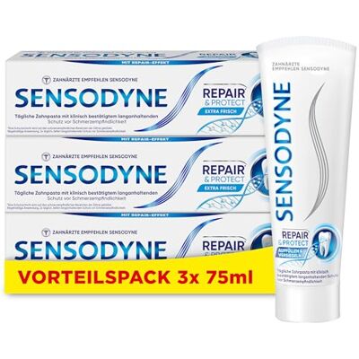 Sensodyne Repair* & Protect Dentifrice quotidien au fluorure d'étain pour les dents sensibles à la douleur et protection durable, 3 x 75 ml Sensodyne Repair* & Protect Dentifrice quotidien au fluorure d'étain pour les dents sensibles à la douleur et protection durable, 3 x 75 ml