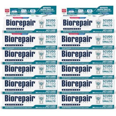 Biorepair , Dentifrice Advanced Shield actif émail anti-caries, avec MicroRepair, lactoferrine et zinc PCA, sans fluor, 12 x 75 ml Biorepair , Dentifrice Advanced Shield actif émail anti-caries, avec MicroRepair, lactoferrine et zinc PCA, sans fluor, 12 x 75 ml