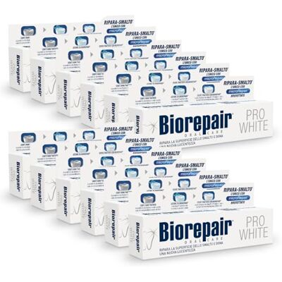 Biorepair , Pro White Lot de 12 boîtes de 60 ml de dentifrice blanchissant avec technologie du polymère blanchissant PVP, répare l'émail et la dentine pour des dents blanches et brillantes, sans fluor Biorepair , Pro White Lot de 12 boîtes de 60 ml de dentifrice blanchissant avec technologie du polymère blanchissant PVP, répare l'émail et la dentine pour des dents blanches et brillantes, sans fluor