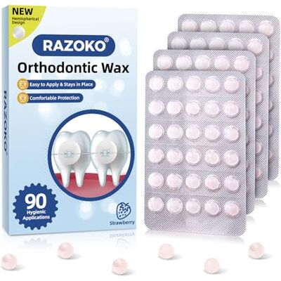 RAZOKO Cire orthodontique pour appareil dentaire goût Fraise 90 perles individuelles, emballage hygiénique, adhérence forte pour brackets et fils RAZOKO Cire orthodontique pour appareil dentaire goût Fraise 90 perles individuelles, emballage hygiénique, adhérence forte pour brackets et fils