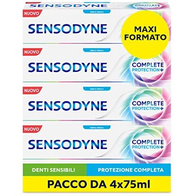 Sensodyne Complete Protection+ Dentifrice quotidien pour dents sensibles, gencives saines et haleine fraîche, contre les caries et plaques, menthe fraîche, maxi format 4 x 75 ml Sensodyne Complete Protection+ Dentifrice quotidien pour dents sensibles, gencives saines et haleine fraîche, contre les caries et plaques, menthe fraîche, maxi format 4 x 75 ml