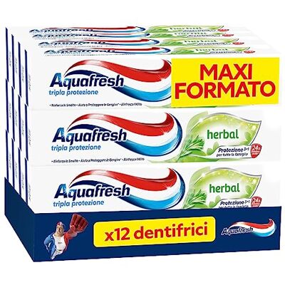 Aquafresh Dentifrice triple protection herbal pour toute la famille, gencives saines, haleine fraîche, vernis fort, goût aux herbes, paquet de 12 dentifrices x 75 ml Aquafresh Dentifrice triple protection herbal pour toute la famille, gencives saines, haleine fraîche, vernis fort, goût aux herbes, paquet de 12 dentifrices x 75 ml