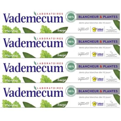 Vademecum Dentifrice Blancheur et Plantes Menthe et Sauge Dents plus blanches dès 10 jours 98% d'ingrédients d'origine naturelle Formule végane Tube de 75 ml Lot de 4 Vademecum Dentifrice Blancheur et Plantes Menthe et Sauge Dents plus blanches dès 10 jours 98% d'ingrédients d'origine naturelle Formule végane Tube de 75 ml Lot de 4