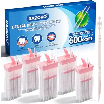 RAZOKO Lot de 600 cure-dents interdentaires pour appareils dentaires et enfants Lot de 600 (5 x 120) Nettoyant jetable Plastique de qualité alimentaire Avec étui de voyage Sans goût Rose RAZOKO Lot de 600 cure-dents interdentaires pour appareils dentaires et enfants Lot de 600 (5 x 120) Nettoyant jetable Plastique de qualité alimentaire Avec étui de voyage Sans goût Rose