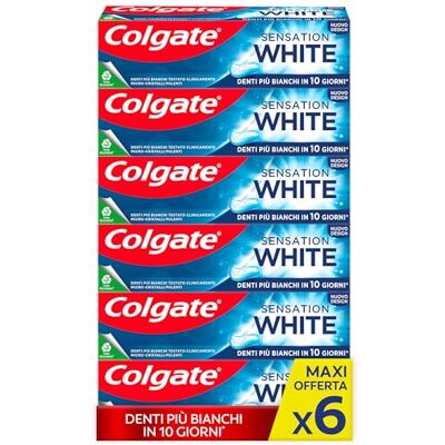 Colgate Dentifrice Sensation White 6x75ml Dentifrice blanchissant pour les dents Blanchiment cliniquement testé Blanchiment en 10 jours Dents blanches avec micro-cristaux de nettoyage actifs Colgate Dentifrice Sensation White 6x75ml Dentifrice blanchissant pour les dents Blanchiment cliniquement testé Blanchiment en 10 jours Dents blanches avec micro-cristaux de nettoyage actifs
