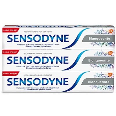 Sensodyne Dentifrice blanchissant au fluor, soulagement des dents sensibles, protection durable contre la sensibilité dentaire, lot de 3 x 75 ml Sensodyne Dentifrice blanchissant au fluor, soulagement des dents sensibles, protection durable contre la sensibilité dentaire, lot de 3 x 75 ml