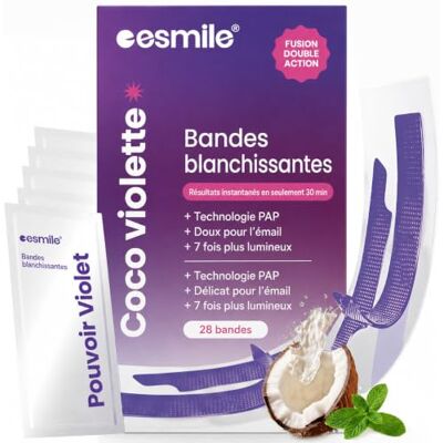 Esmile – Bandes Blanchissantes Dentaires Professionnelles Violettes Saveur Noix de Coco – 28 Bandelettes de Blanchiment Dentaire V34 à Effet Immédiat Esmile – Bandes Blanchissantes Dentaires Professionnelles Violettes Saveur Noix de Coco – 28 Bandelettes de Blanchiment Dentaire V34 à Effet Immédiat