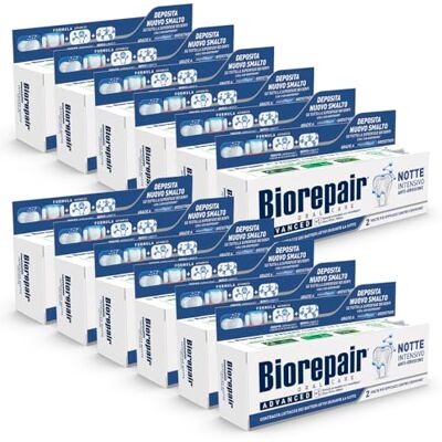 Biorepair , Advanced, Lot de 12 boîtes de dentifrice intensif anti-érosion nocturne, protège et répare l'émail des dents, antibactérien, avec MicroRepair, zinc PCA et xylitol, pour une haleine fraîche Biorepair , Advanced, Lot de 12 boîtes de dentifrice intensif anti-érosion nocturne, protège et répare l'émail des dents, antibactérien, avec MicroRepair, zinc PCA et xylitol, pour une haleine fraîche