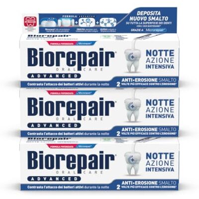 Biorepair , Dentifrice Advanced, nuit intensive anti-érosion, 3 paquets de 75 ml, protège et répare l'émail des dents, antibactérien, avec microrepair, zinc PCA et xylitol, pour une haleine fraîche Biorepair , Dentifrice Advanced, nuit intensive anti-érosion, 3 paquets de 75 ml, protège et répare l'émail des dents, antibactérien, avec microrepair, zinc PCA et xylitol, pour une haleine fraîche