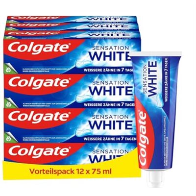 Colgate Dentifrice Sensation White 12 x 75 ml – Enlève les taches de surface en préservant l'émail des dents – Blanchiment des dents pour des dents blanches durables Colgate Dentifrice Sensation White 12 x 75 ml – Enlève les taches de surface en préservant l'émail des dents – Blanchiment des dents pour des dents blanches durables